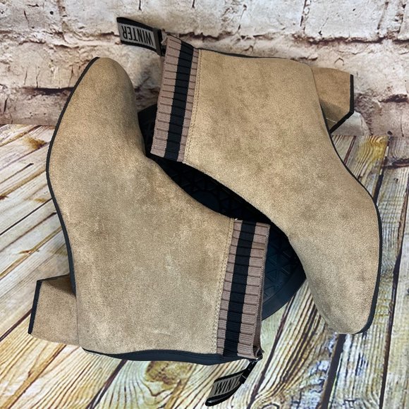 Winter Womens Tan Square Block Heel Zip Knit Trim Ankle Boots Booties Size 41 - Picture 5 of 9